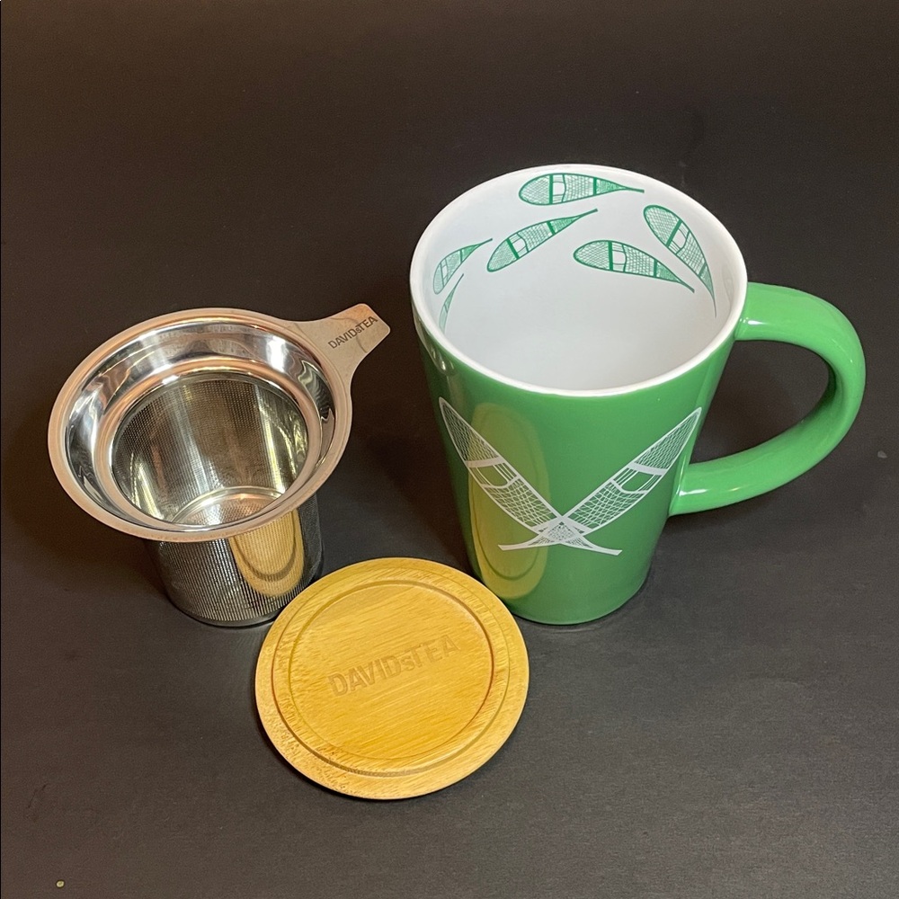 ⭐️NWOT DAVID’S TEA Whimsical Snow Shoe Green Mug & Tea Infuser Set w Bamboo Lid